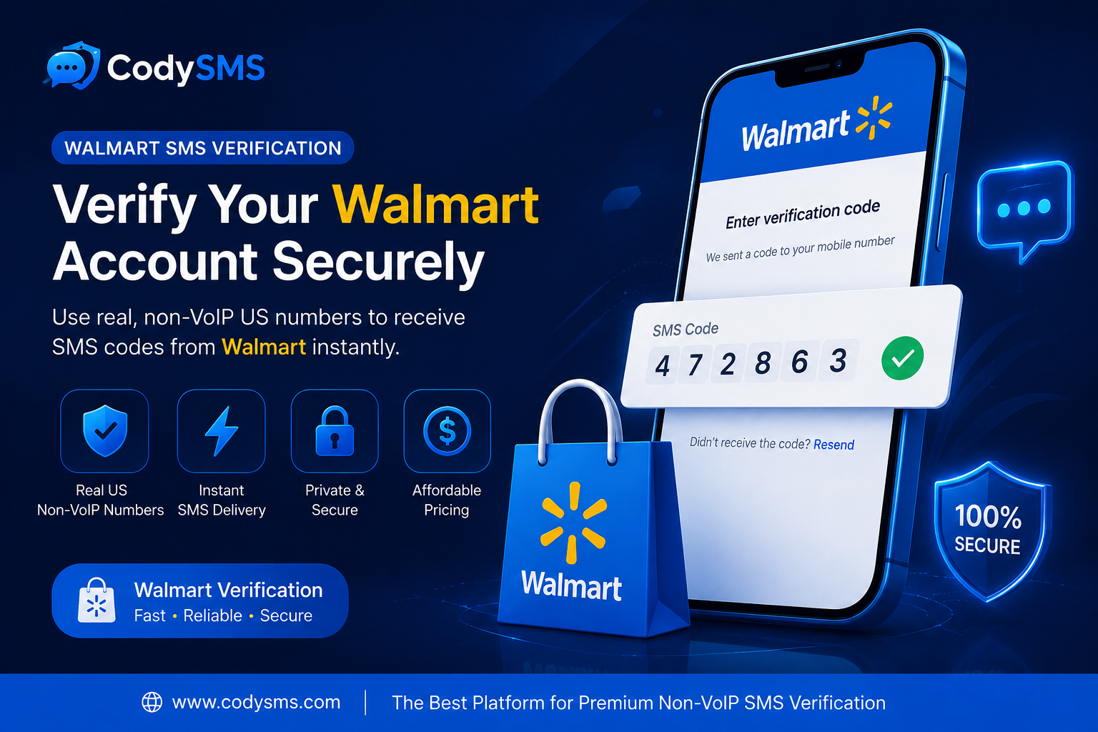 Walmart SMS Verification Service | Receive Walmart OTP with Real US Non-VoIP Numbers | CodySMS